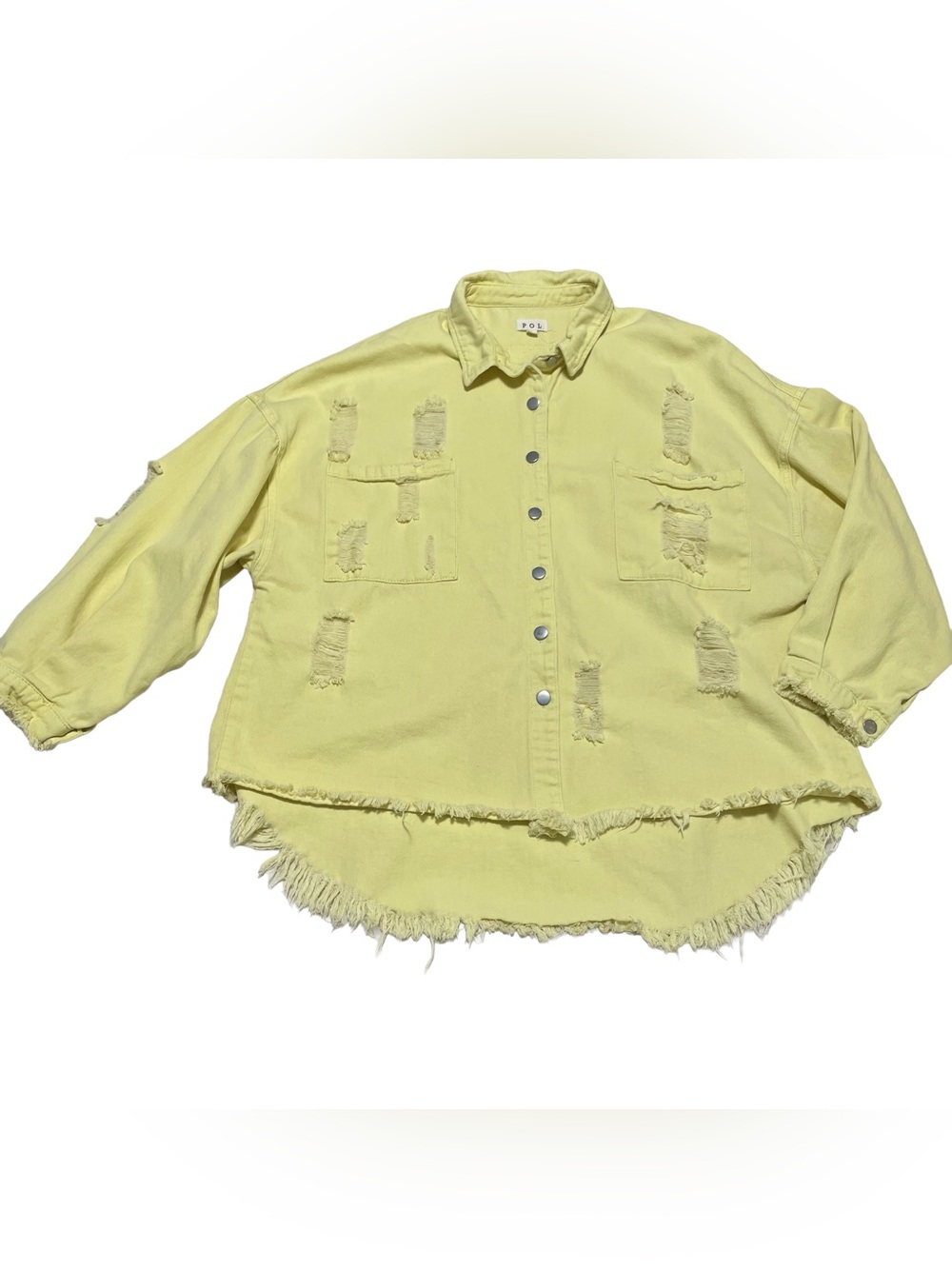 POL Yellow Distressed Button-Front Shirt Jacket